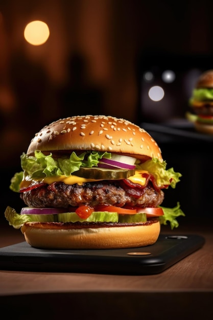 Tasty burger closeup Illustration AI GenerativexA