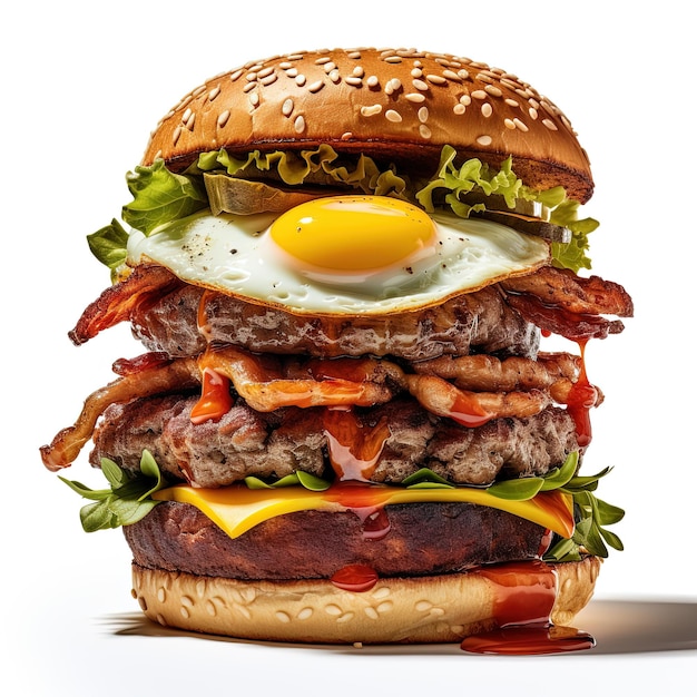 Tasty burger fried egg double beef fried chicken on a white background