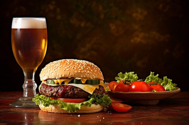 Tasty burger glass of beer