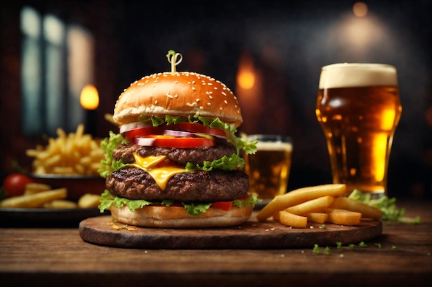 a tasty burger and a glass of beer