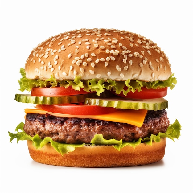 Tasty burger isolated on white background fresh hamburger fast food with beef vegetables and cheese