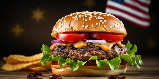 Tasty burger with American flag on wooden table