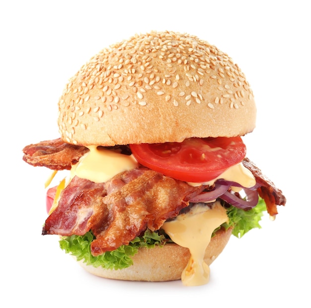 Tasty burger with bacon on white background