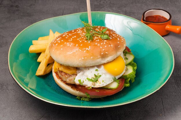 Tasty Burger with chicken cutlet and egg With tomato sauce and French fries