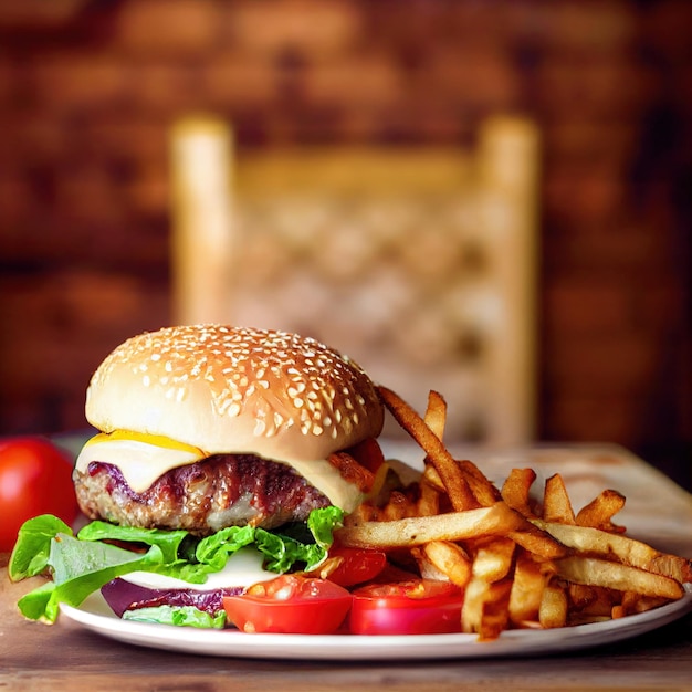 Tasty burger with french fries fast food meal of hamburger and american delicious snack