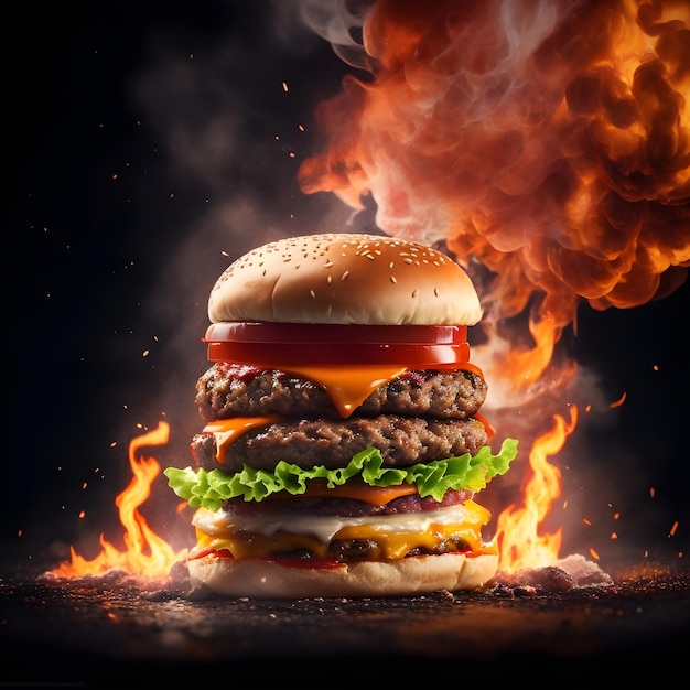 Tasty burger with french fries and fire ai generated