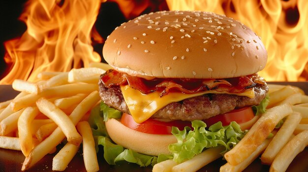 Tasty Burger with French Fries and Fire