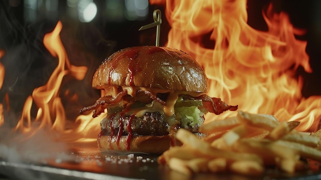 Photo tasty burger with french fries and fire