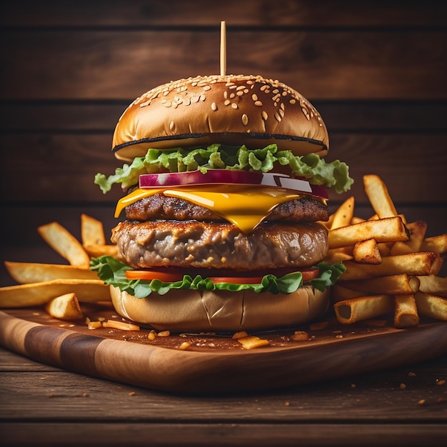 Tasty Burger with french fries with wood background generated by Ai