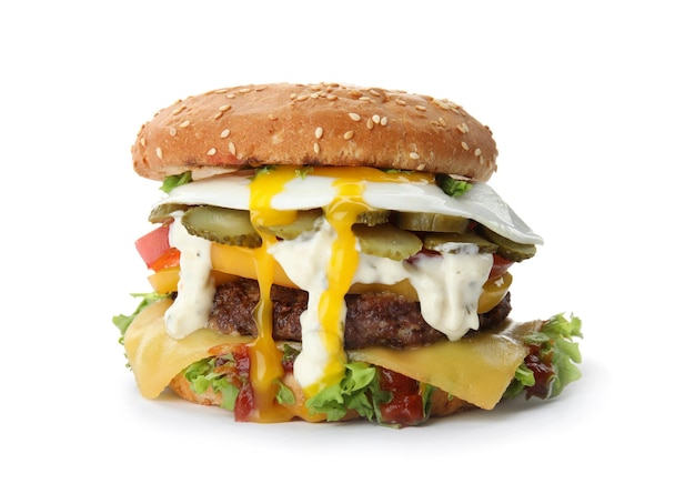 Tasty burger with fried egg on white background