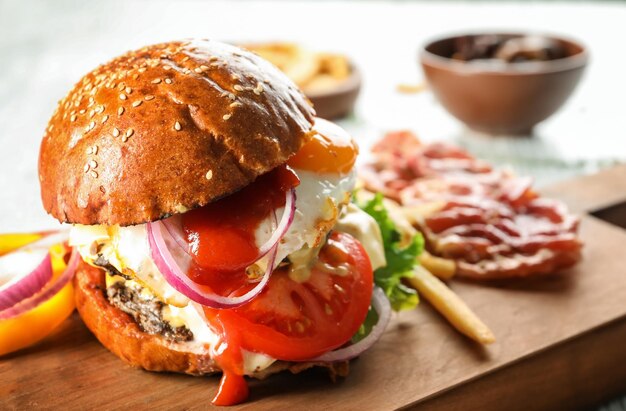 Tasty burger with fried egg on wooden board