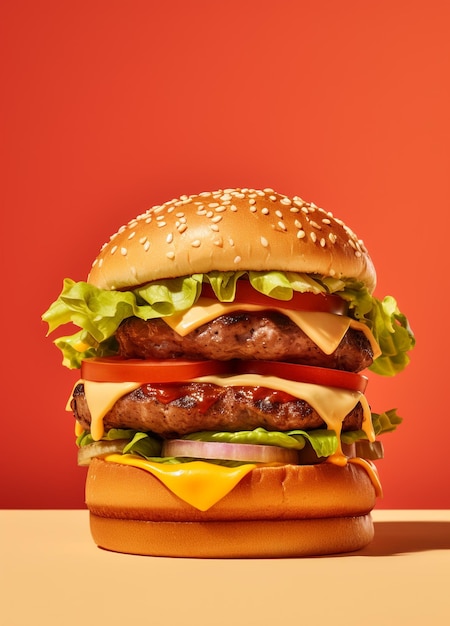 Tasty burger with meat cheese onion on rustic background Hamburger on a modern background