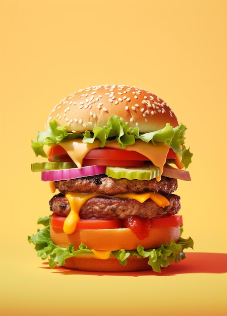 Tasty burger with meat cheese onion on rustic background Hamburger on a modern background