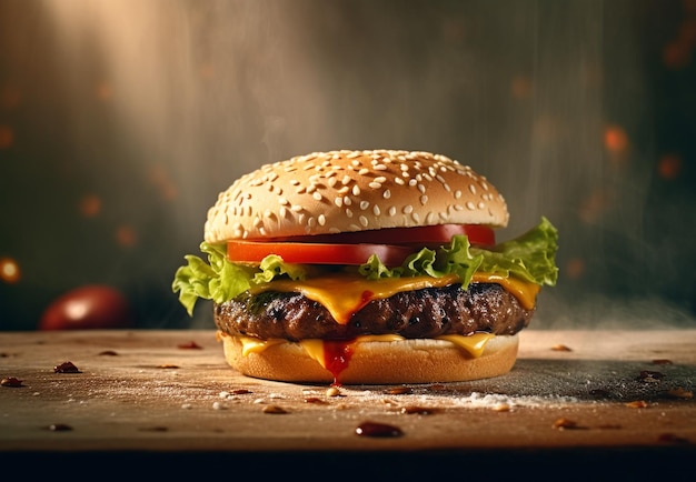 Tasty burger with meat cheese onion on rustic background Hamburger on a modern background