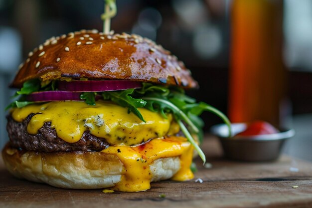 Foto un buon hamburger con cipolla e salse.