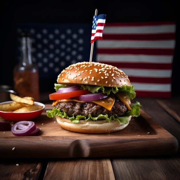 Tasty burger with USA flag on wooden table Traditional American food Generative AI