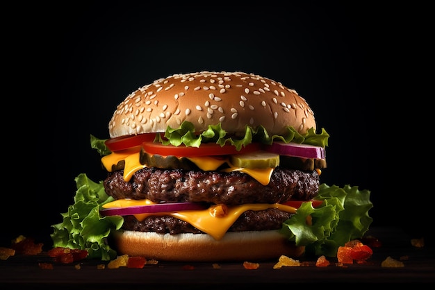 Tasty burger on the wooden board dark lighting black background Food and delivery concept