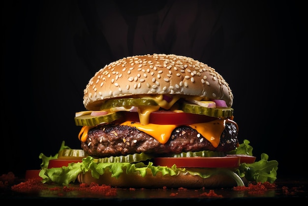 Tasty burger on the wooden board dark lighting black background Food and delivery concept