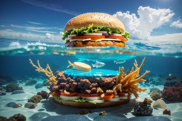 Tasty burgers in sea water