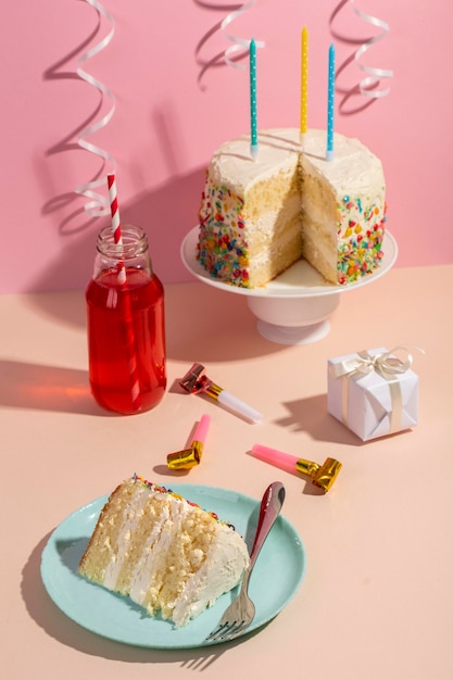 tasty cake and candles arrangement high angle