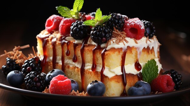 tasty cake with berries on wooden table