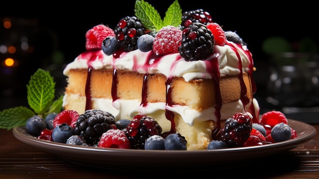 tasty cake with berries on wooden table