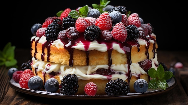 вкусный торт с ягодами на деревянном столе