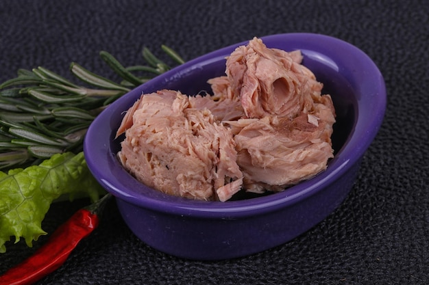 Tasty canned tuna fish in the bowl