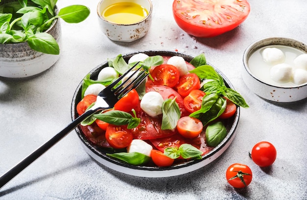 Tasty caprese salad with ripe red tomatoes and mozzarella cheese with fresh green basil leaves Italian food Top view