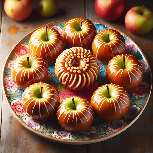 Tasty caramel apple decoration on designed plate