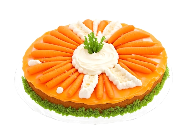 Tasty carrot decorated cake top view isolated on transparent background