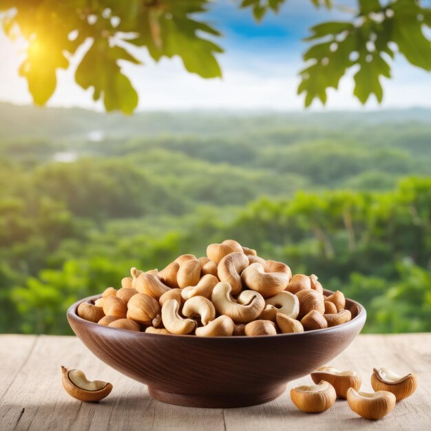 Tasty cashew in bowl with beautiful nature background