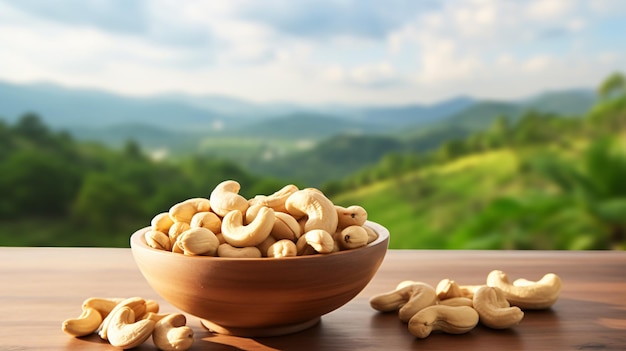 Tasty cashew nuts in bowl on wooden table outdoors