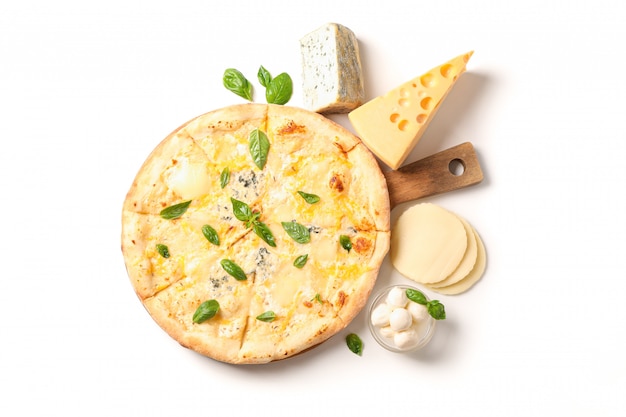 Tasty cheese pizza on wood board and ingredients isolated on white background