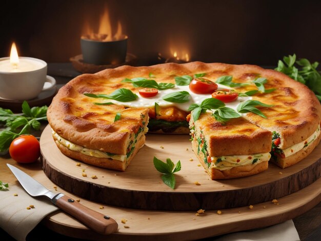 Tasty cheese quiche and ingredients on wooden table