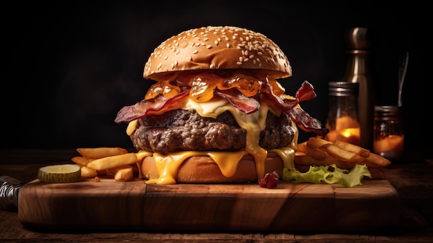 Tasty cheeseburger with crispy bacon on a wooden board