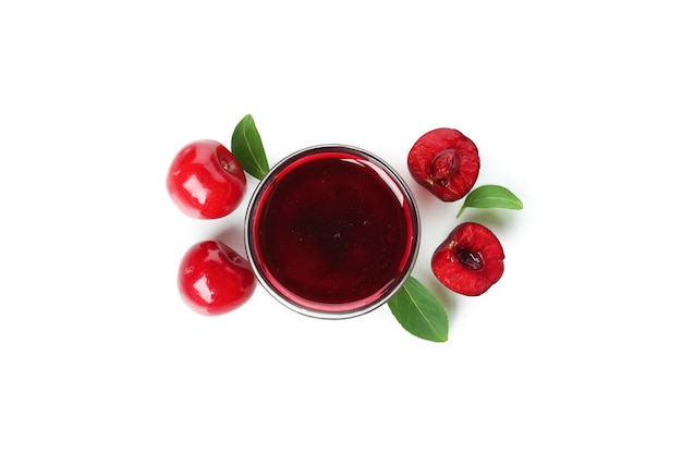 Tasty cherry jam isolated on white background