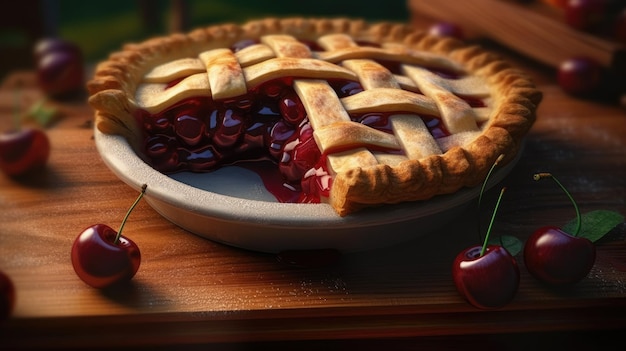 Tasty cherry pie on wooden table