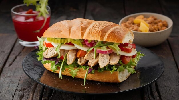 Photo tasty chiabatta sandwich with chicken and salad