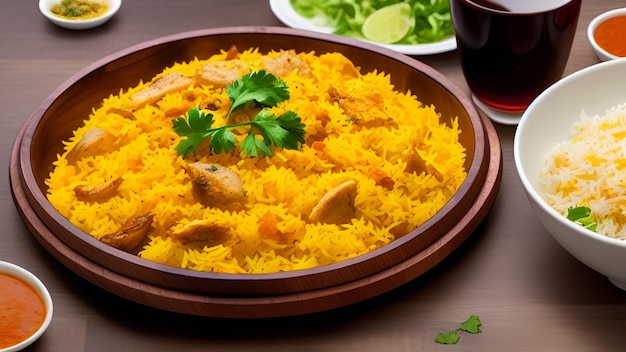 Tasty chicken biryani in plate on wooden table non vegetarian food advertisement