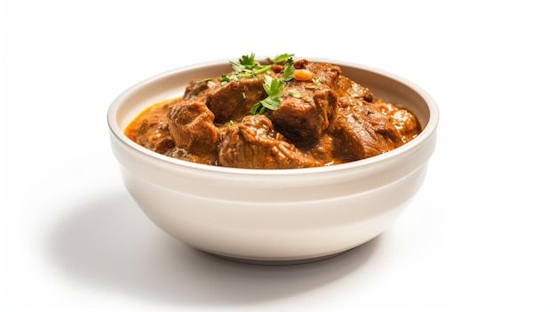 Tasty chicken curry in bowl with white background