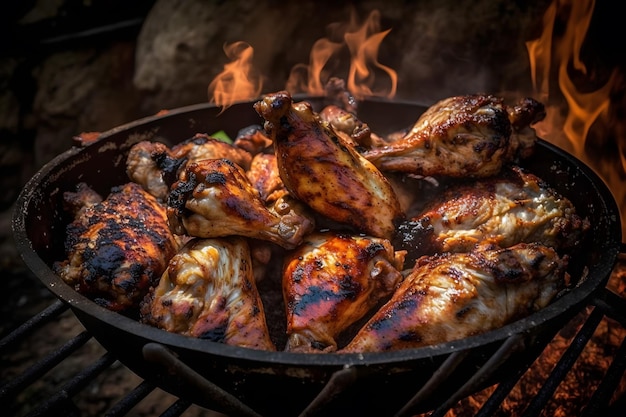 Tasty chicken legs and wings on the grill with fire flames Neural network AI generated