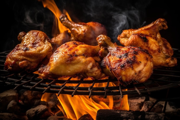 Photo tasty chicken legs and wings on the grill with fire flames