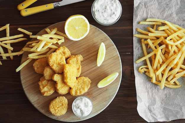 Tasty chicken nuggets with fries lemon and sauce on cutting board