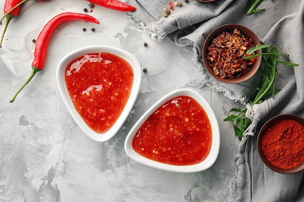 Tasty chili sauce in bowls and ingredients on table