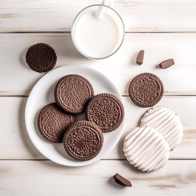 Tasty choco pies and milk on white wooden table flat lay