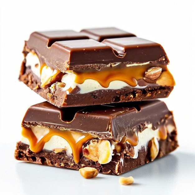 tasty chocolate bar split intwo pieces delicious caramel cream and peanutsinsidewhite background