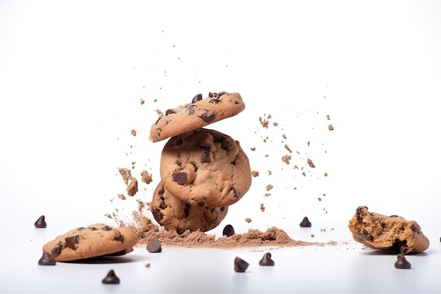 Tasty chocolate chip cookies falling isolated on white background generate ai