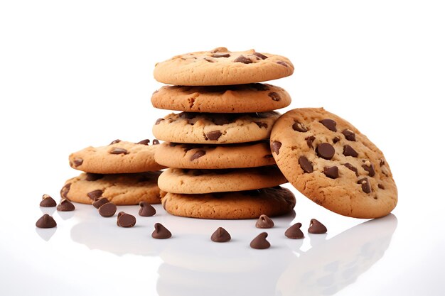 Tasty chocolate chip cookies on white background