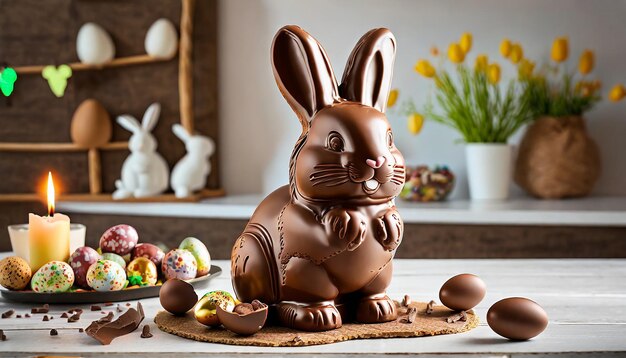 Photo tasty chocolate easter bunny stand on table